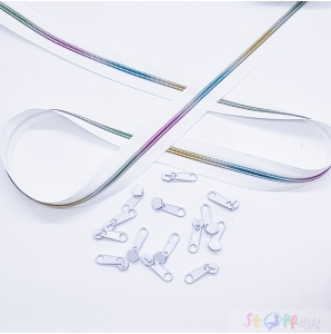 ENDLOS REIßVERSCHLUSS  2m  + 5 Zipper -Regenbogen Farbverlauf ( weiß)